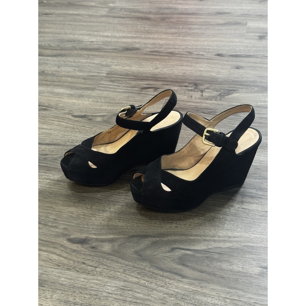 Stuart Weitzman Platform Wedges 5.5 Black Suede Y2K Peep Toe Chic Euro Summer - Picture 2 of 8